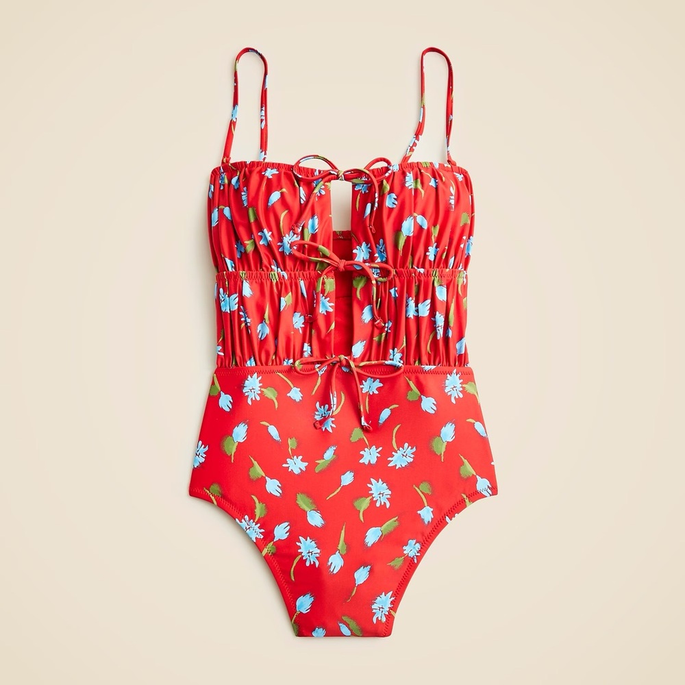 J. Crew Red ruched cutout one-piece swim suit in brushed daisy print size 8 - Picture 3 of 5